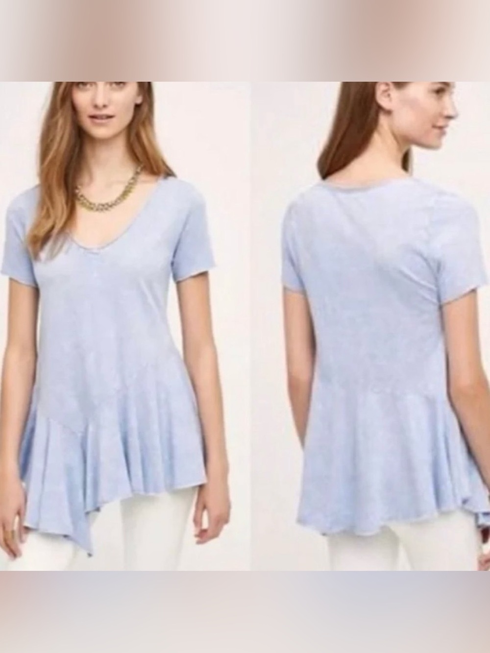 Anthropologie Eri + Ali Asymmetrical Peplum Light Blue Acid Wash T-shirt